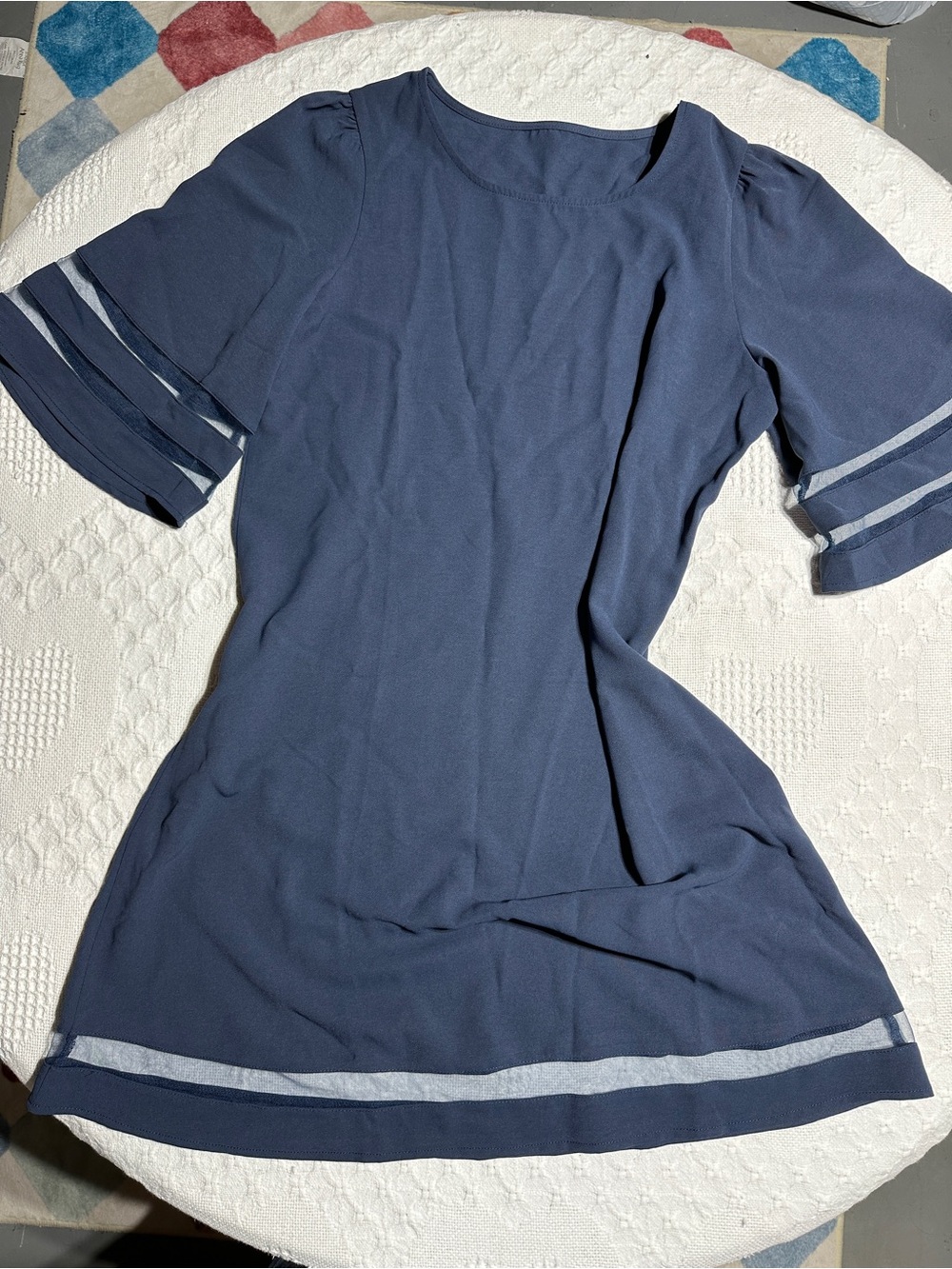 Navy Short Sleeve Shift Dress with Sheer Trim - medium